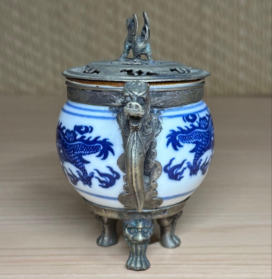 染付 香炉 龍文 錫製 蓋付 香道具 茶道具 唐物 中国美術