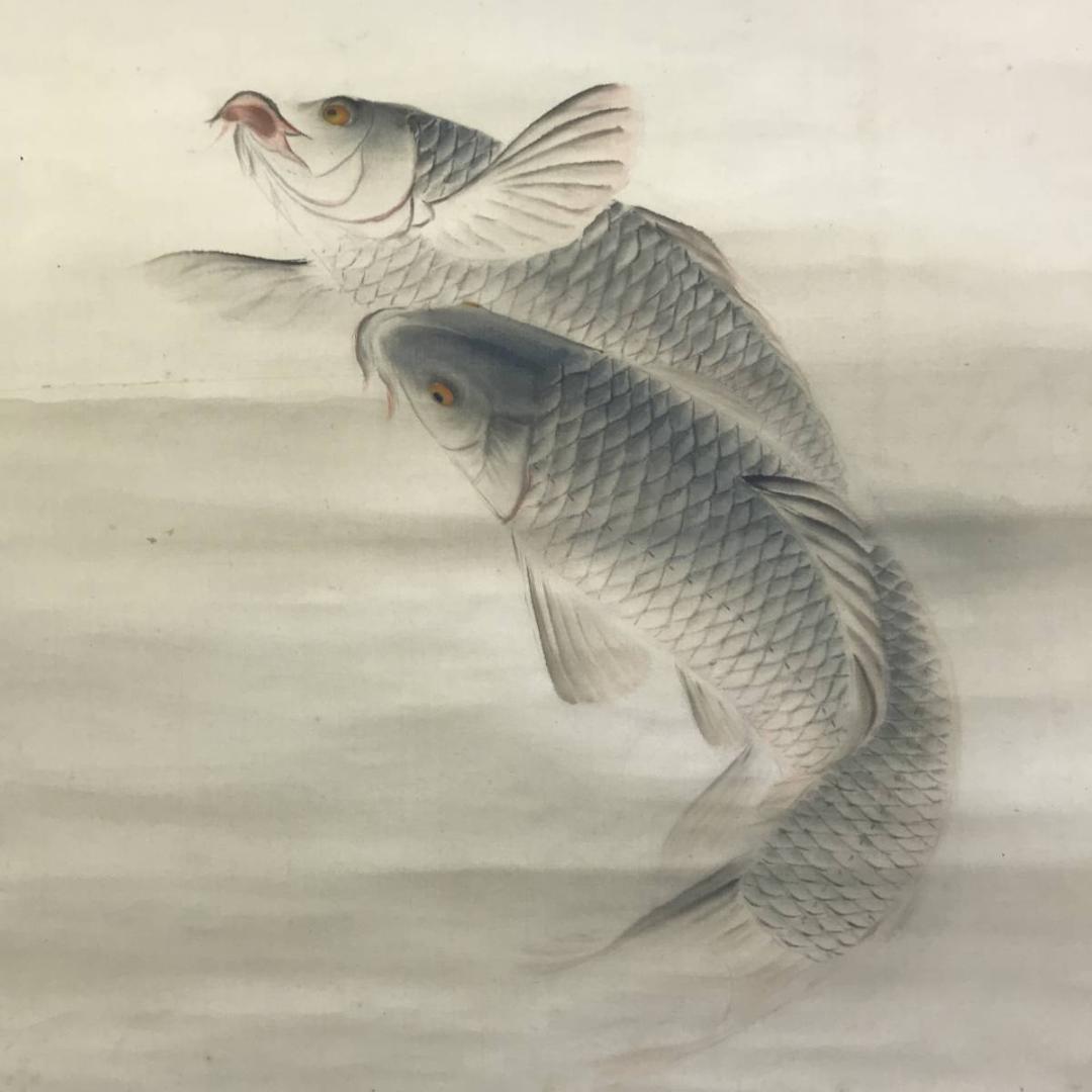 真作/上田陽愷/游鯉漆画/遊鯉図/鯉図/花鳥図/掛軸/名家伝来AE-385