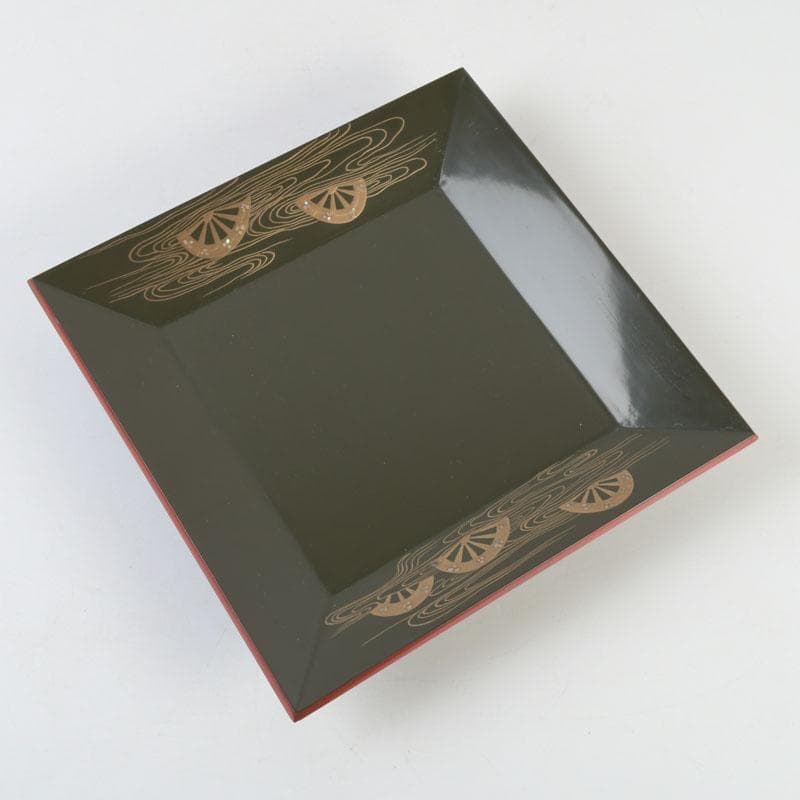 和食器　茶懐石　山中塗　辻石斎作　螺鈿装飾　片輪蒔絵　四方盆　共箱　N　9855