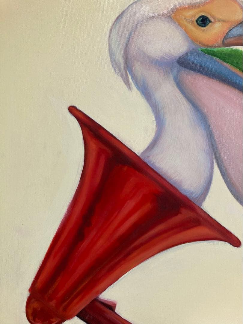無題　新人画家　大塚麻世 ペリカン　油彩 絵画 油絵 動物　動物絵　拡声器