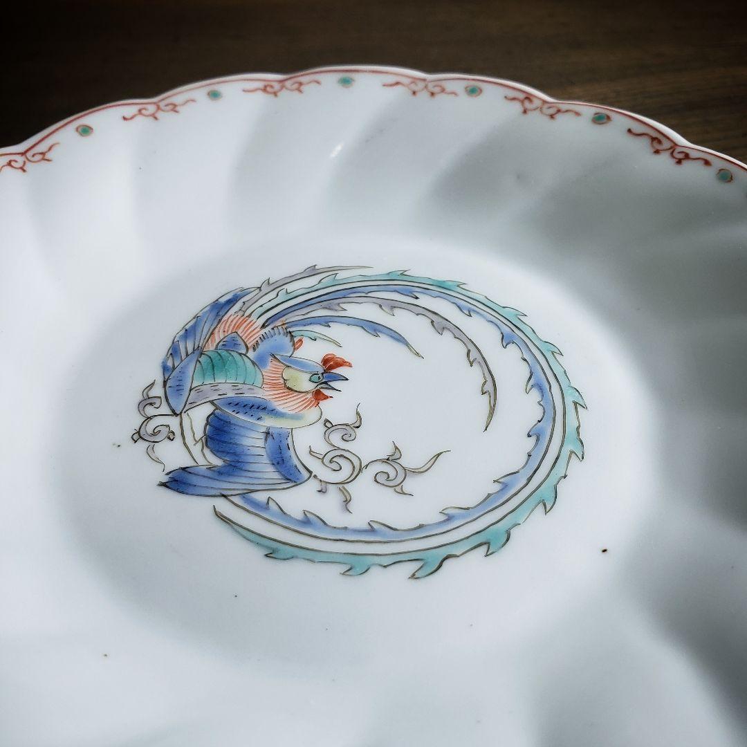 色絵付　皿　鳳凰　ねじり花弁縁　古伊万里　花文　唐草　銘　窯傷　ハ号