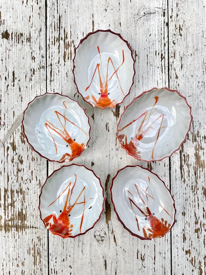 台湾 ヴィンテージ 海老絵付け 小皿 5枚セット 民藝 古道具 アンティーク