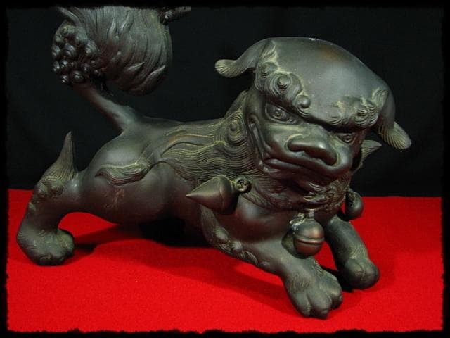 大型 銅獅子 玉乗 置物 c536