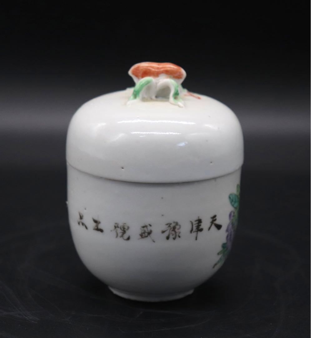 中国　民国期　粉彩花鳥紋茶入　小壺　天津豫盛號出品　送料込み0926