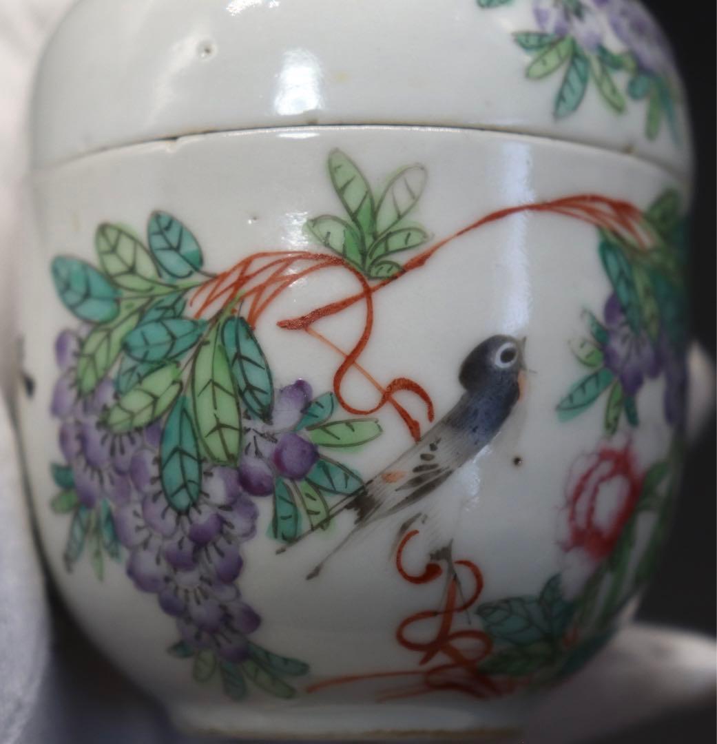 中国　民国期　粉彩花鳥紋茶入　小壺　天津豫盛號出品　送料込み0926