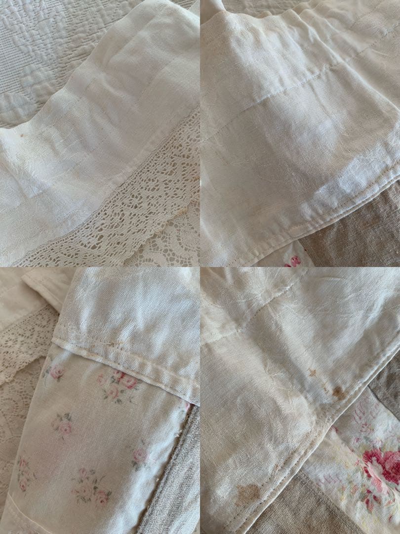 フランスアンティークサラディエ＆カップ2個・ドイリー＆カフェカーテンクロス計5点