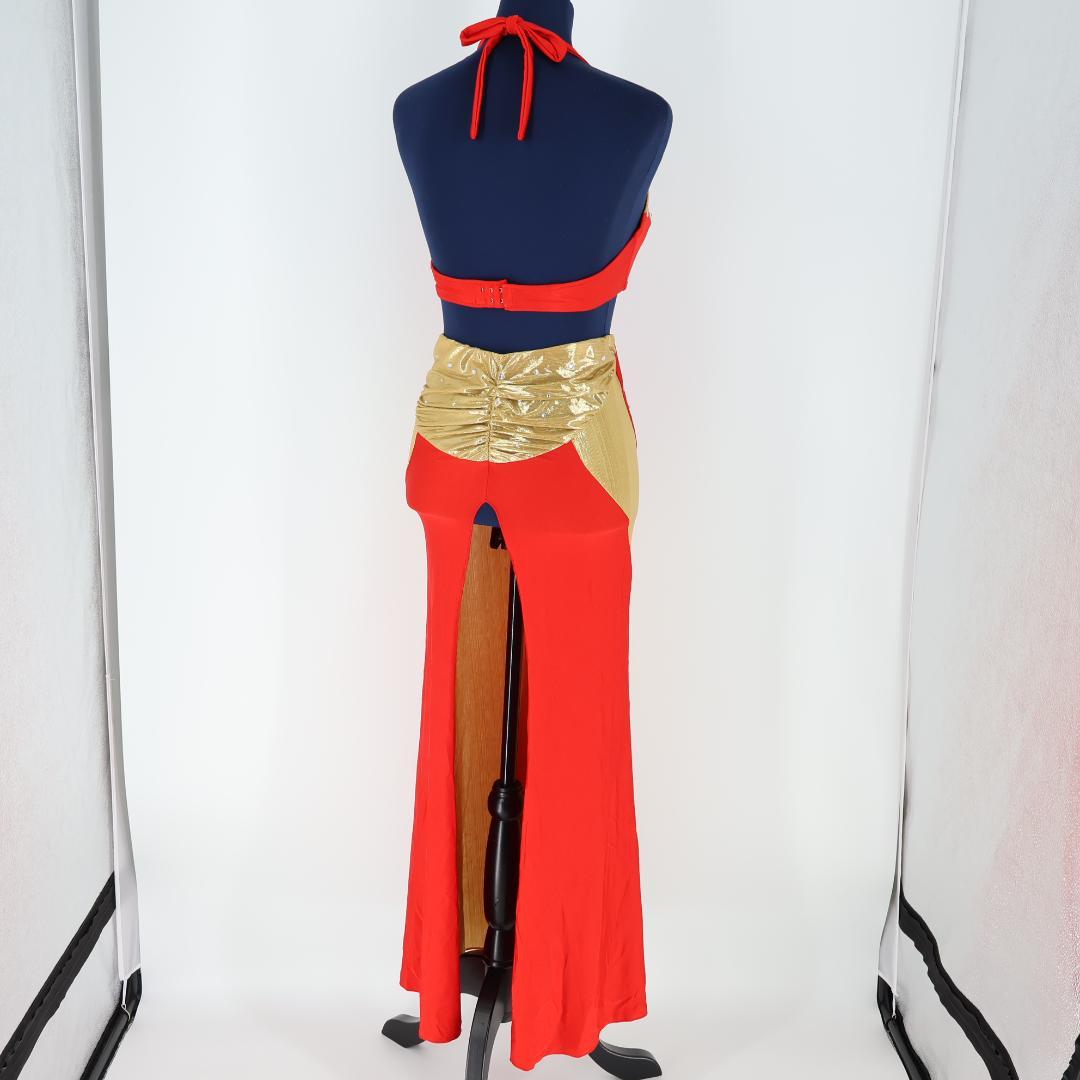 【ベリーダンス用 オリエンタル衣装】レッド×ゴールド ストーンラメ タイト 赤