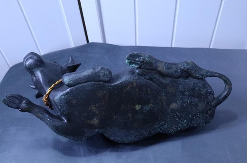 高岡銅器◆鋳銅古銅【夫婦牛】床置き　全幅33㎝/28㎝　重さ4.2キロ/2キロ