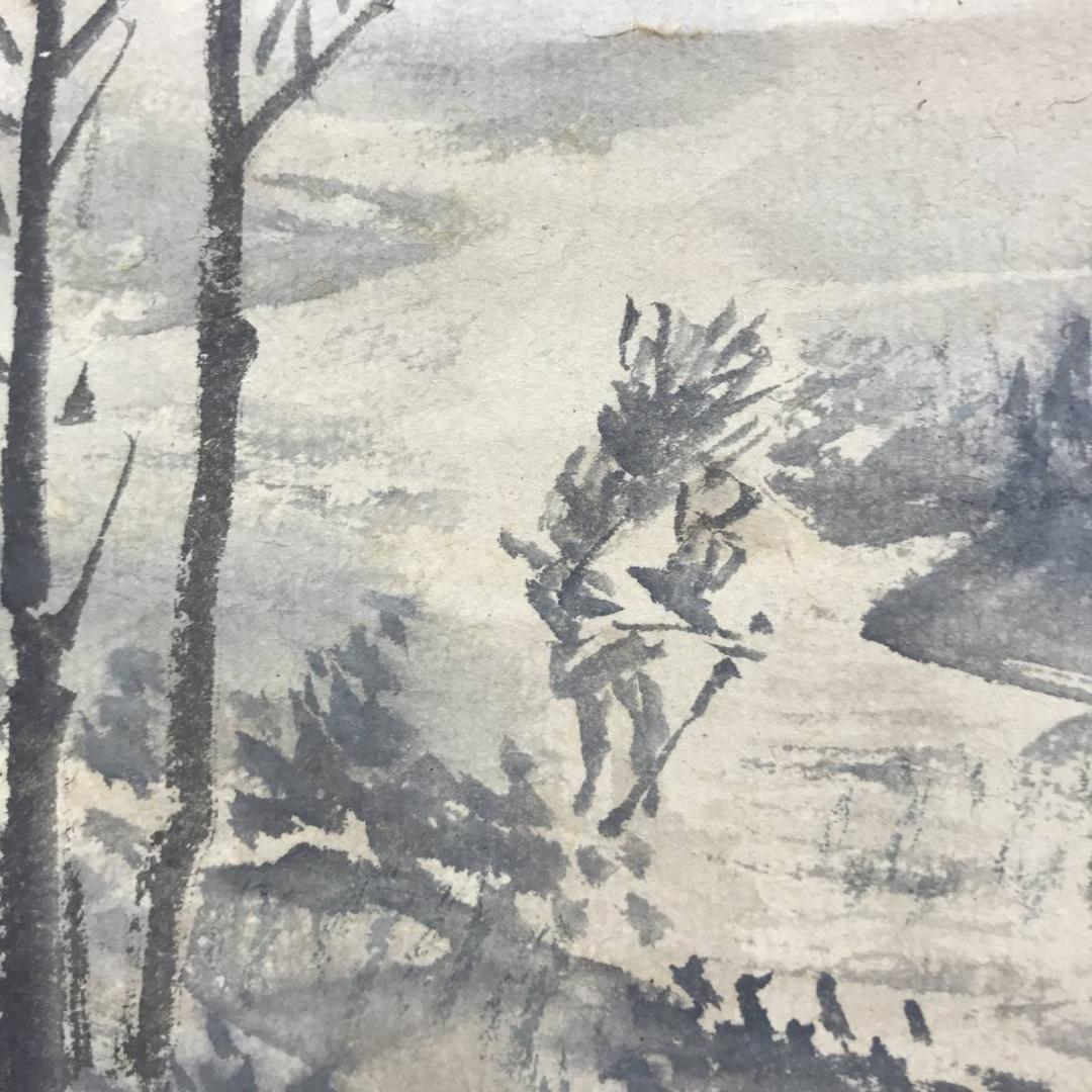 【真作】奥谷秋石/寒林帰樵図/山水図/掛軸☆宝船☆AD-547