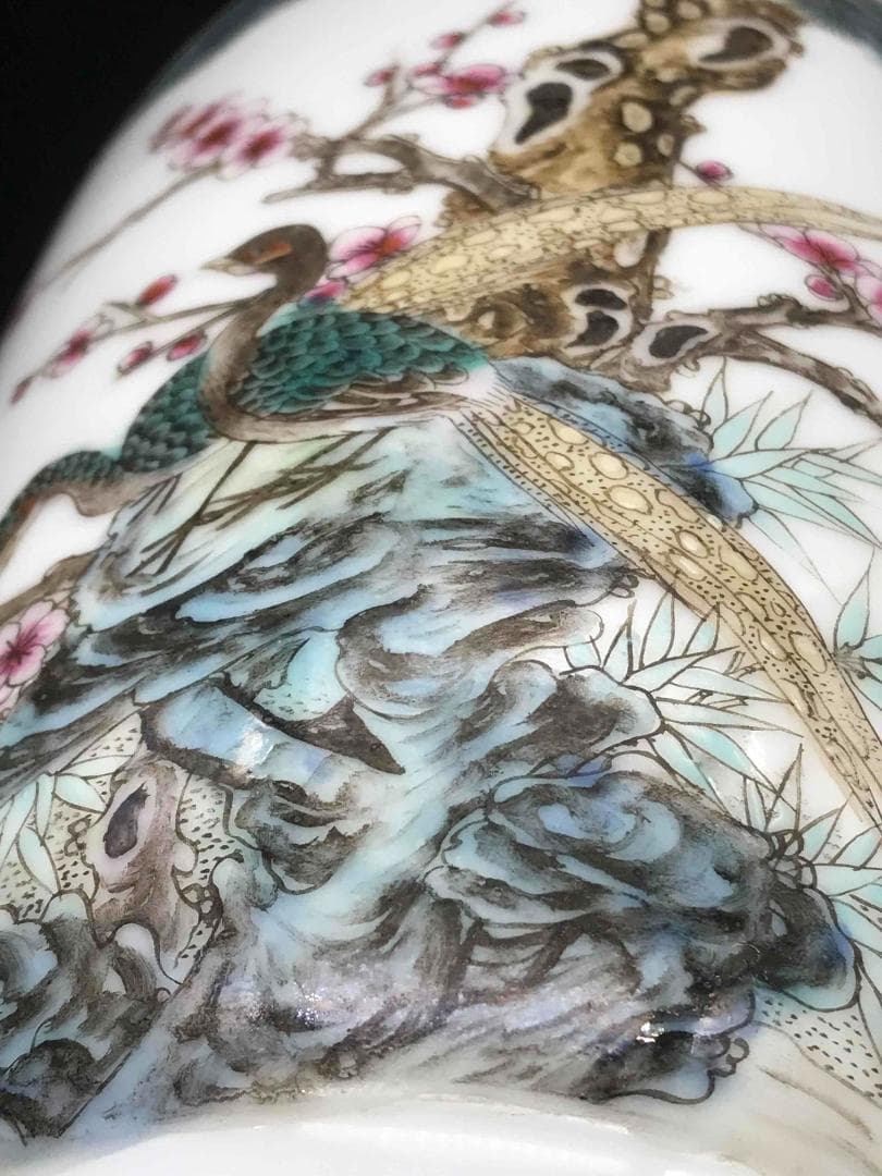 中国古美術　清時代　「大清光緒年製」在銘　粉彩花鳥詩文瓶　繊細細密(A-32)