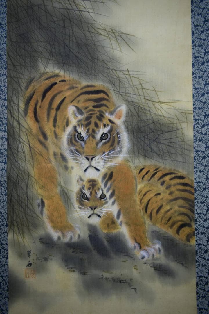 模写/大橋翠石/双虎図/猛虎図/布袋屋掛軸HJ-389