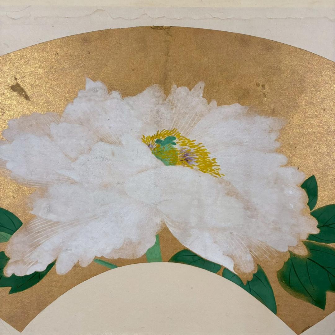 【最終値下げ】山口蓬春「富貴花」日本画 肉筆 山口英極シール有 金地 扇面