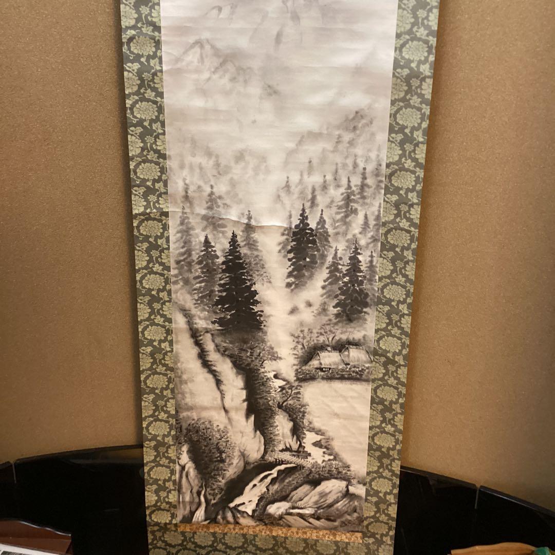 川合玉堂　破墨山水図　【山村風景図】肉筆画　紙本掛軸　落款有　模写　NO33