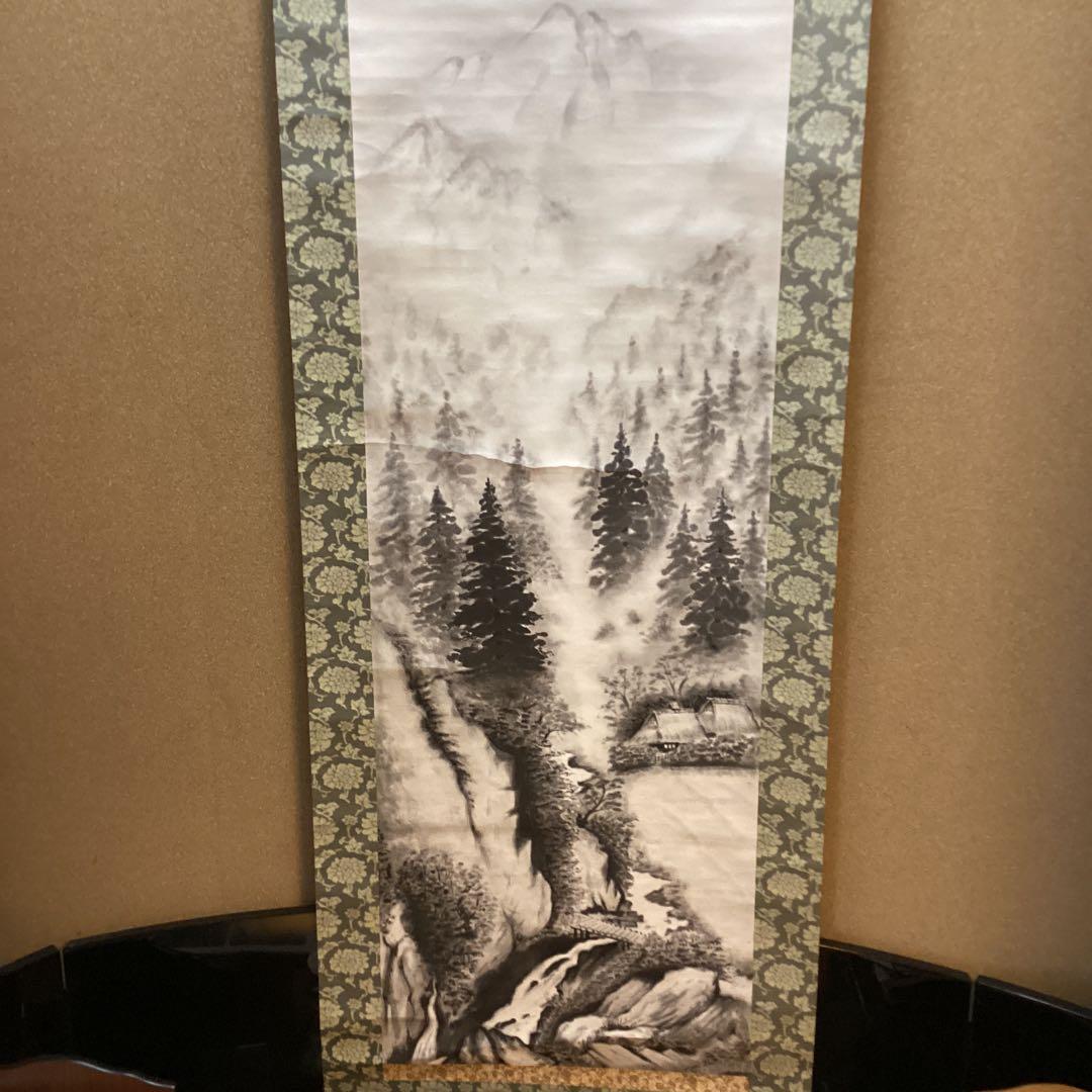 川合玉堂　破墨山水図　【山村風景図】肉筆画　紙本掛軸　落款有　模写　NO33