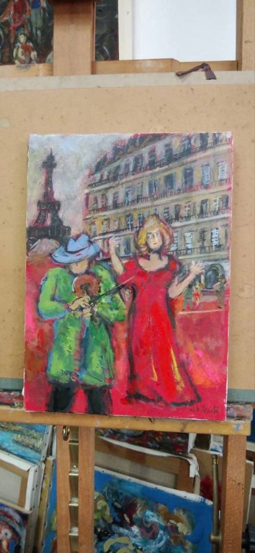 「パリの芸人」菊地正則　油彩画　絵画　油絵 F4 キャンバス　額付き　匿名配送