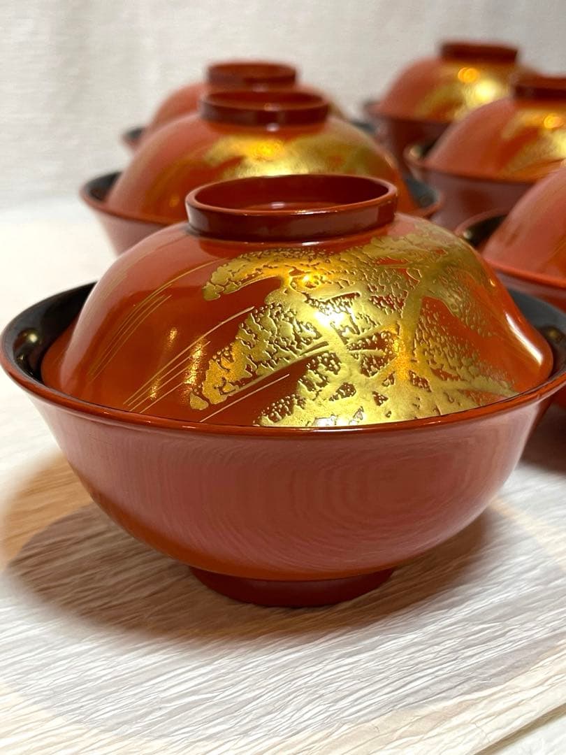 時代　漆器 吸物椀 10個セット 赤色 金蒔絵173