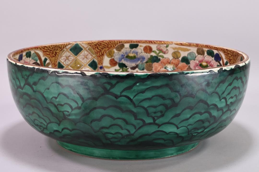 古九谷　九谷焼　吉田屋釜　花鳥鶏図　大鉢　金魚鉢　直径38.5㎝　BK139