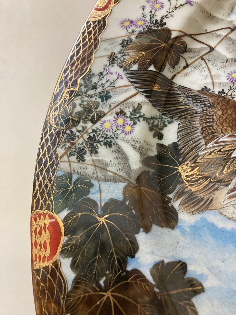 明治　手描き　夫婦雁と牡丹　大皿　2枚　縁起　時代　〈検 横濱焼　隅田焼　眞葛焼