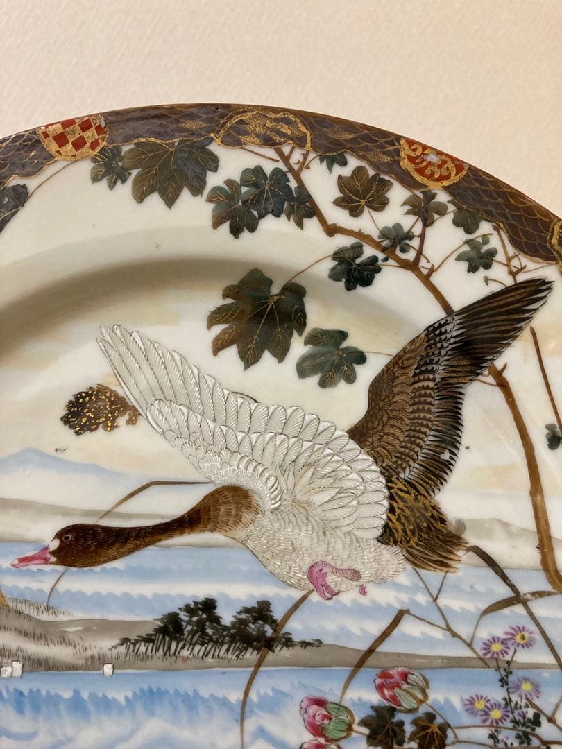 明治　手描き　夫婦雁と牡丹　大皿　2枚　縁起　時代　〈検 横濱焼　隅田焼　眞葛焼