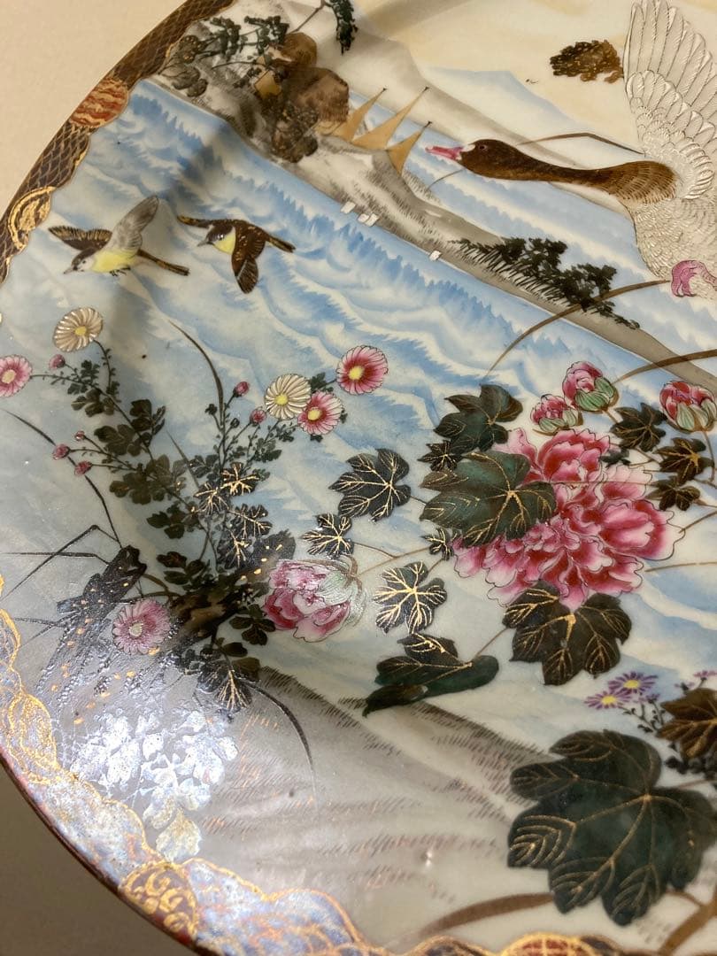 明治　手描き　夫婦雁と牡丹　大皿　2枚　縁起　時代　〈検 横濱焼　隅田焼　眞葛焼