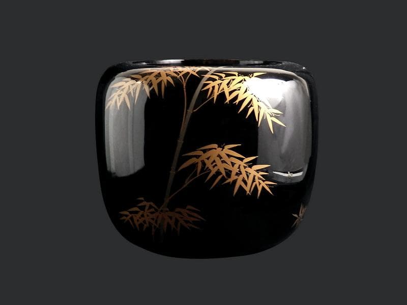 京塗師　岡田表寛造　金蒔絵　竹笹の図　火鉢　共箱　AS-DAx