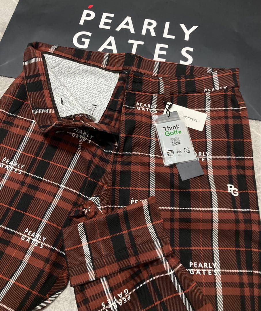 新品 パーリーゲイツ コットンストレッチカルゼチェックパンツ(7)サイズ3L/茶