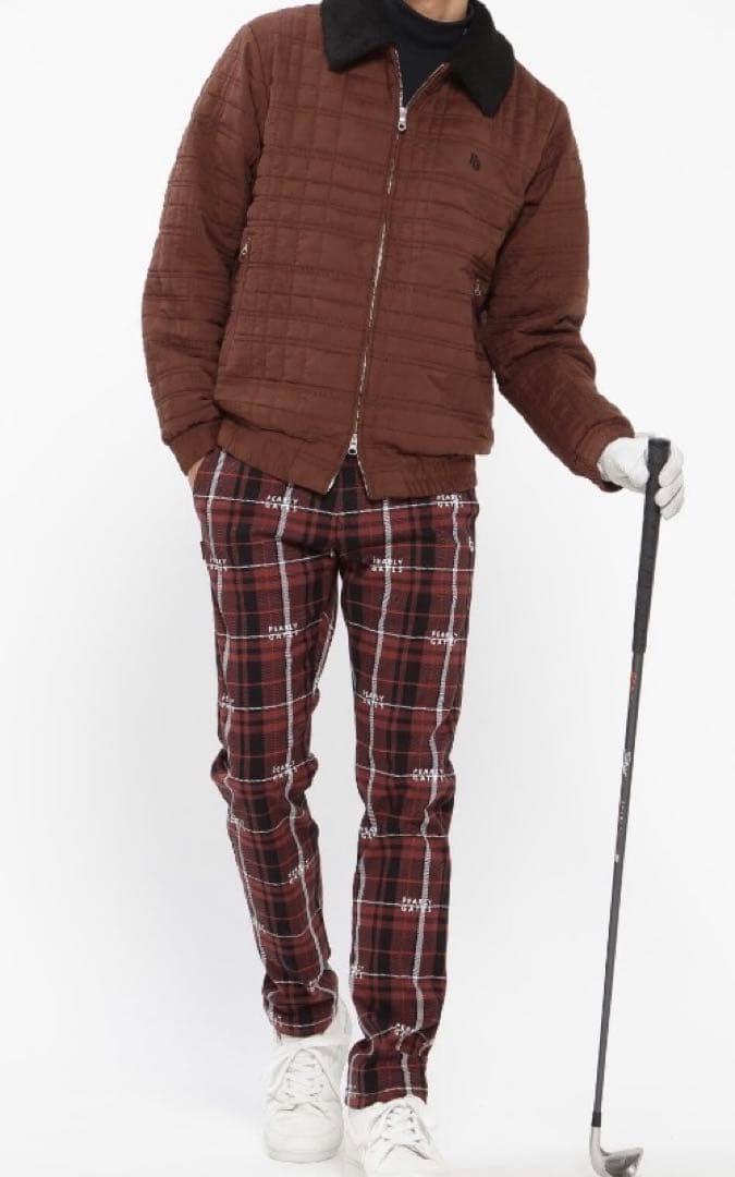 新品 パーリーゲイツ コットンストレッチカルゼチェックパンツ(7)サイズ3L/茶