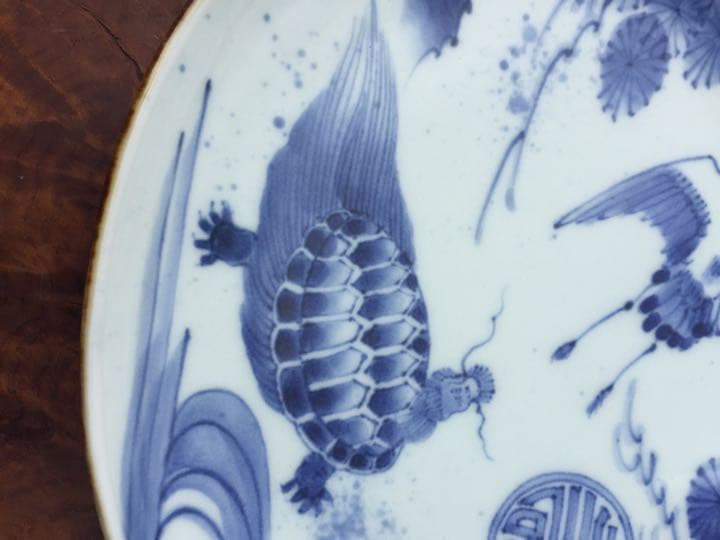 江戸末期 柿右衛門 染付鶴亀寿皿 木箱付き