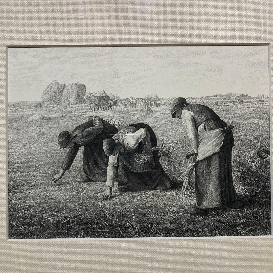 フランソワ　ミレー「落ち穂拾い」銅版画約18×24額縁38.5×49cm 紙箱付