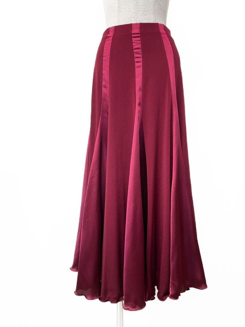 【美シルエット】新品　ワイン　サテン切り替え社交ダンス　ロングスカート　ｒ201
