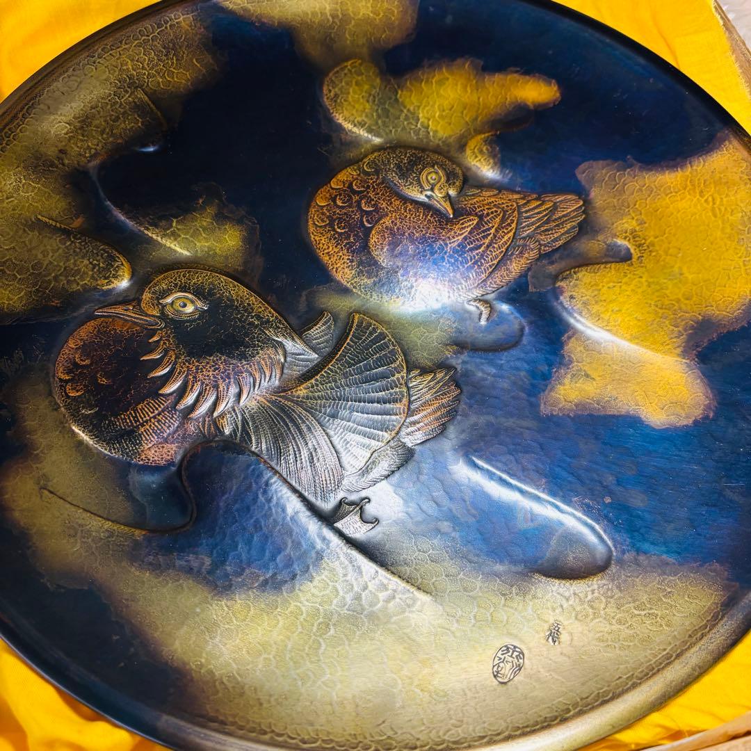 超希少作　玉川堂　五代　鴛番　おしどり　大額皿　鎚起銅器　三条　玉川覚平　鴛鴦