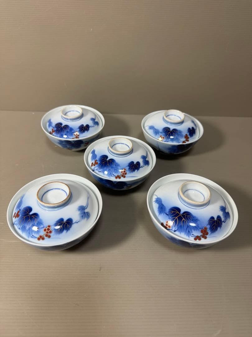 2211  有田焼 芳祥堂特製　葡萄瑠璃　蓋茶碗　5客