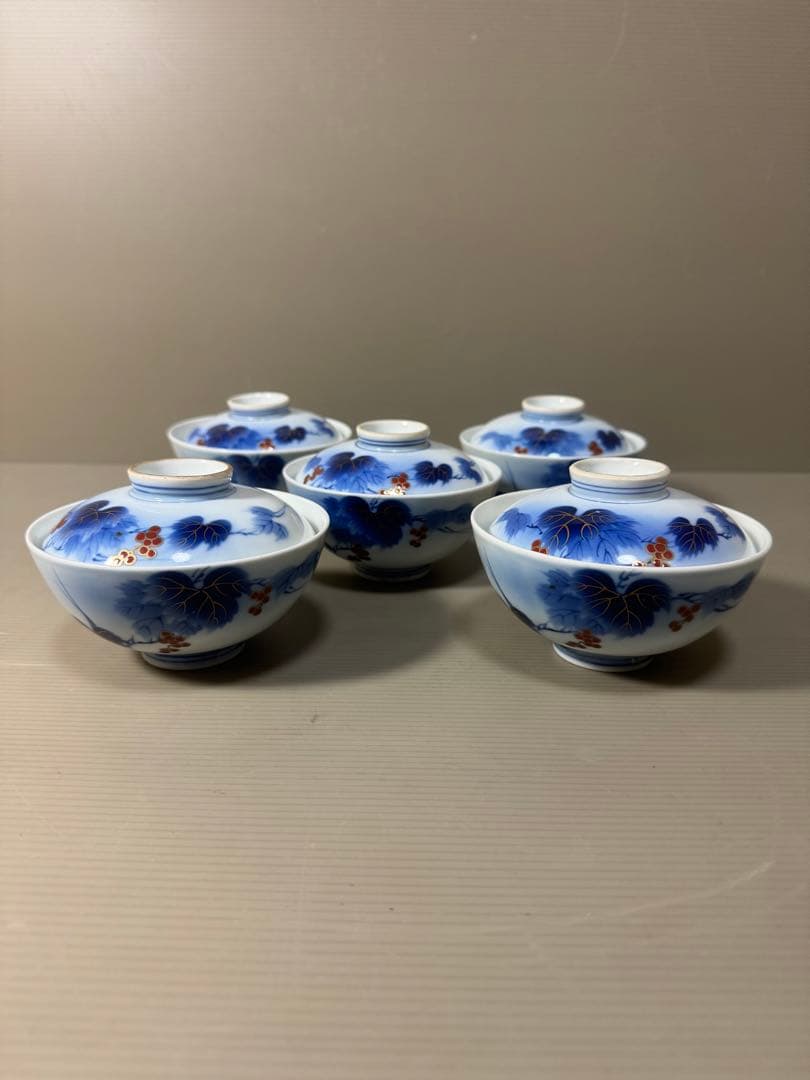 2211  有田焼 芳祥堂特製　葡萄瑠璃　蓋茶碗　5客