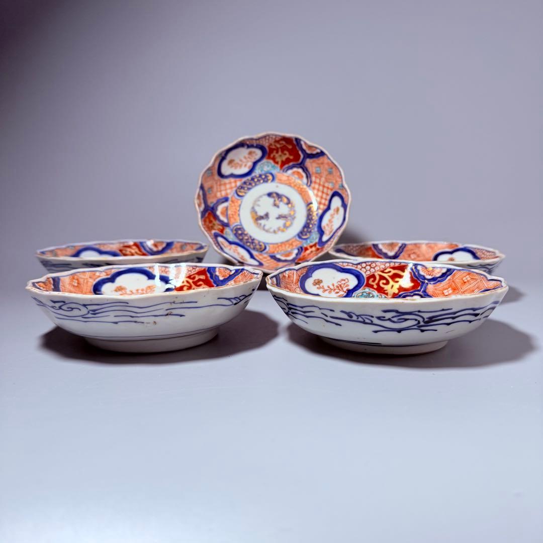 古伊万里　色絵松竹梅なます皿　五客　蛇の目高台　赤絵　緻密な絵付け　古器を楽しむ