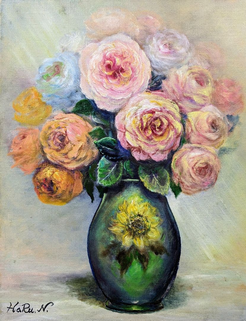 画家haru　油彩画F６号★薔薇★　真作、原画、一点物、静物画。