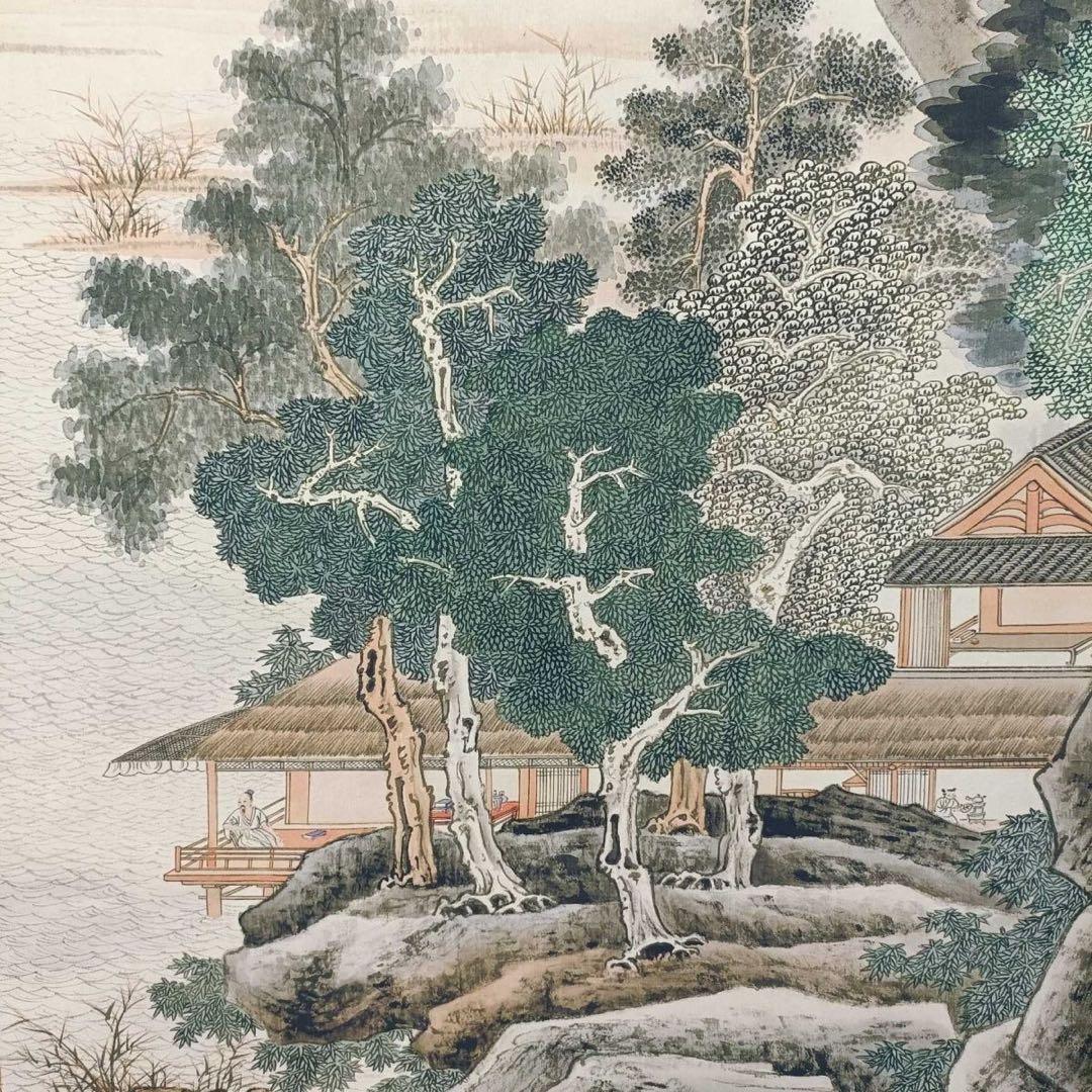 張大千 山水画 掛け軸 滄浪漁笛図 中国画 表装済 サイズ：70×173cm