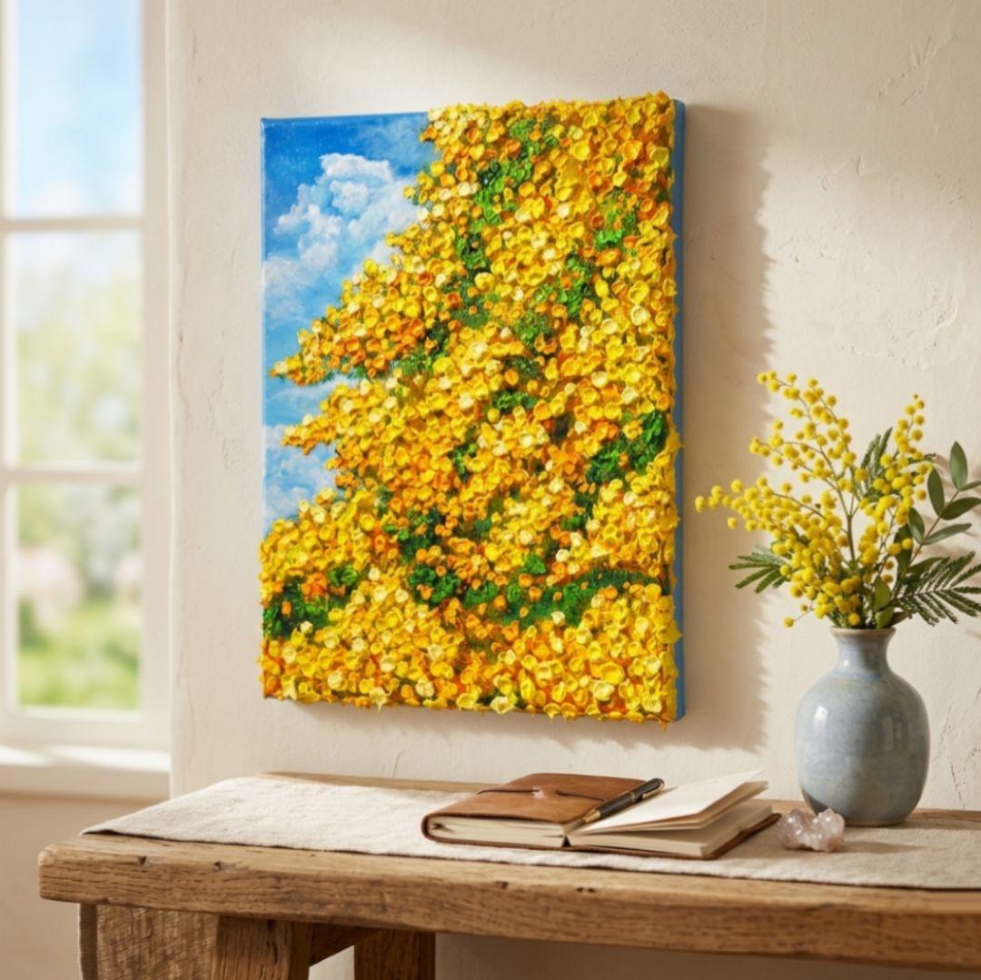 油絵 油彩 油彩画 絵 絵画【青空のミモザ】F4号