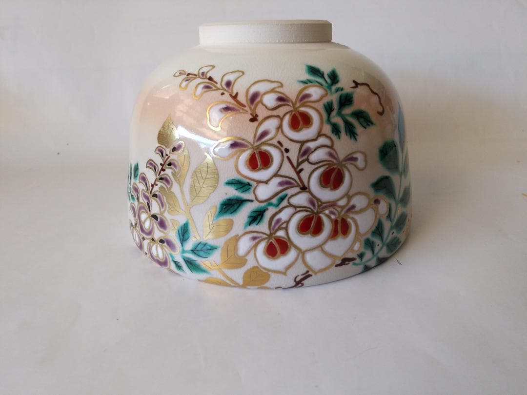 押小路窯 庄左ェ門 作 色絵「藤」茶碗 押小路焼 共箱 共布 栞 抹茶碗 新品