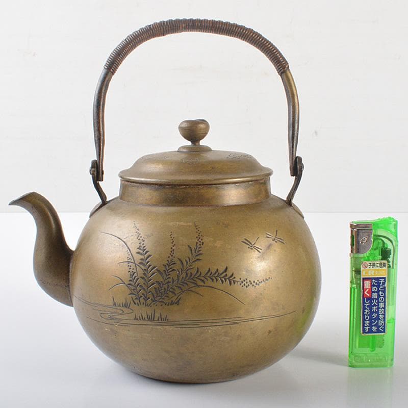煎茶道具　銅製　彫金花文　湯沸し　水次　薬缶　D　R6514