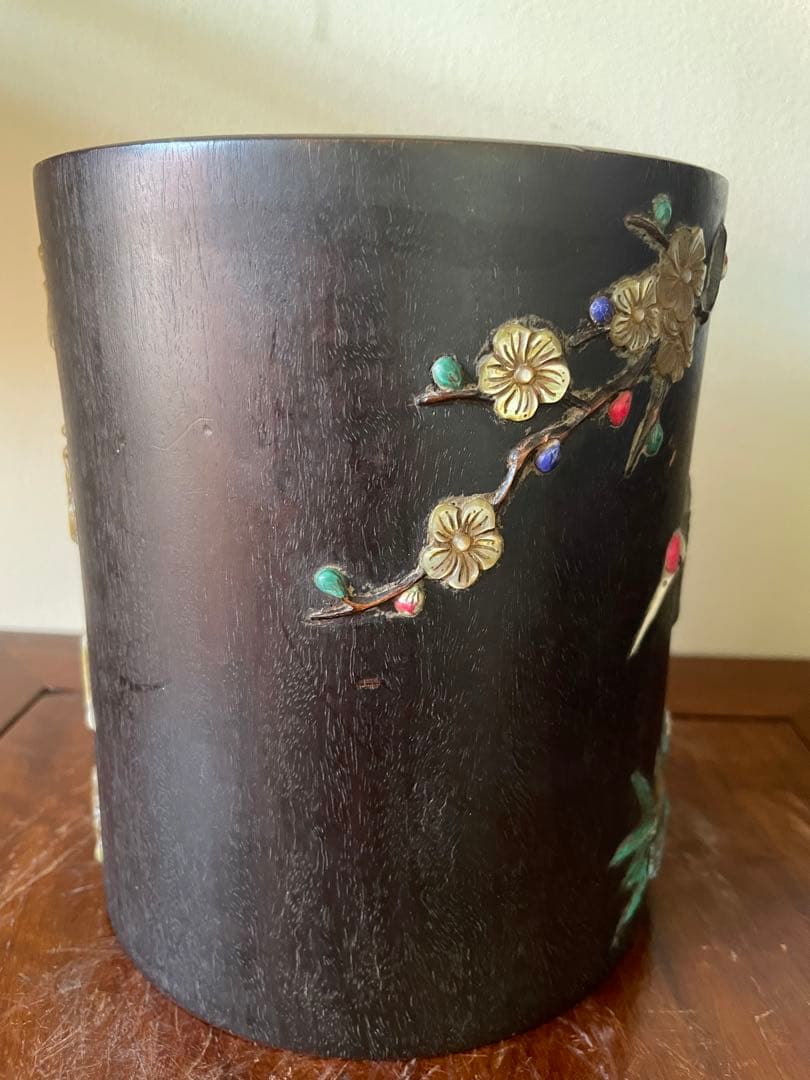 中国清代乾隆年製 紫檀笔筒 诗文宝石嵌め古董品重1.2kg