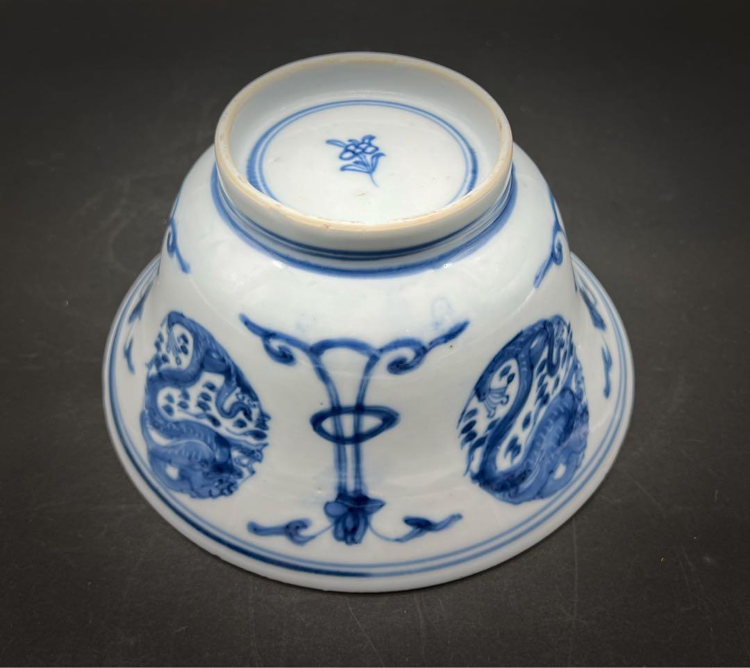 中国美術 古玩 清 康熙 梵文團龍紋青花大碗　茶碗