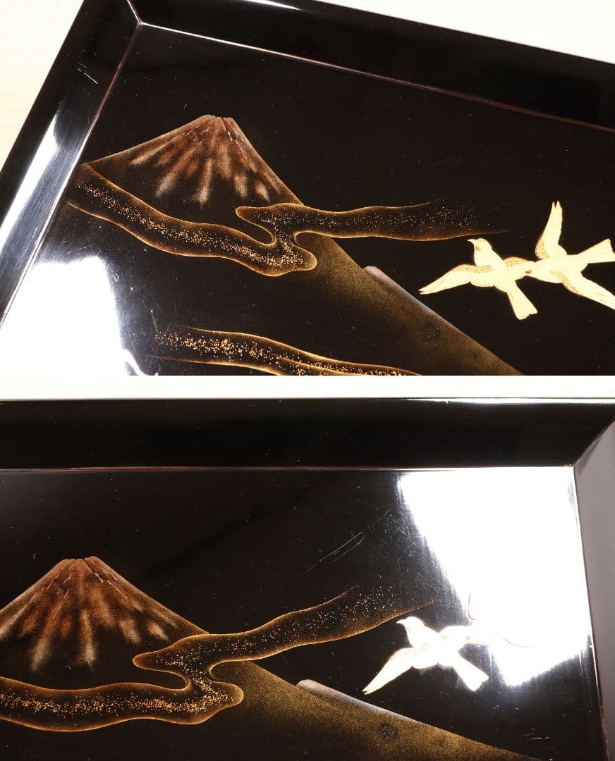 一富士二鷹三茄子 金蒔絵 黒塗四方膳 足付 五客 35cm 木製漆器【CM389