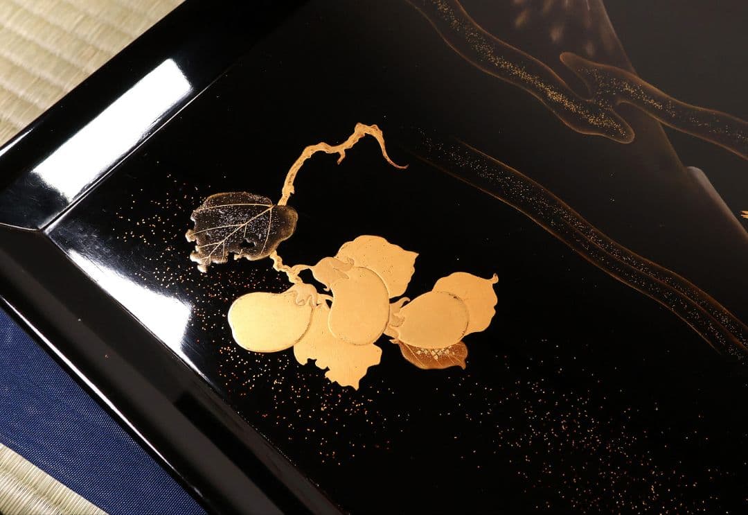 一富士二鷹三茄子 金蒔絵 黒塗四方膳 足付 五客 35cm 木製漆器【CM389