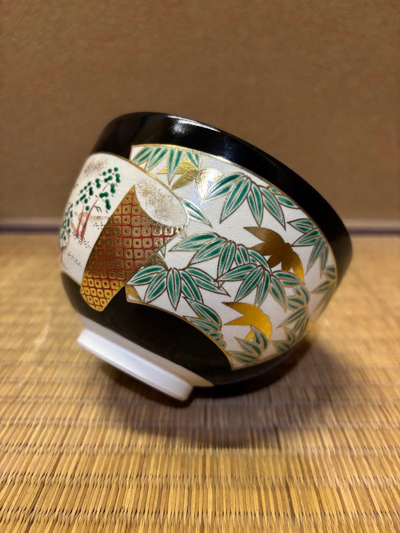 八代　高橋道八　黒釉扇面紙　茶碗　茶道具　京焼　色絵　美品