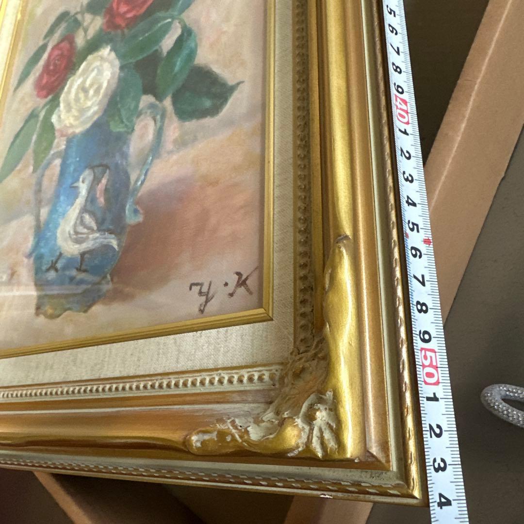 瞬間的お値下げ‼️雰囲気のよい優しいバラと鳥の絵　油彩画 花瓶のバラ ヴィンテージ