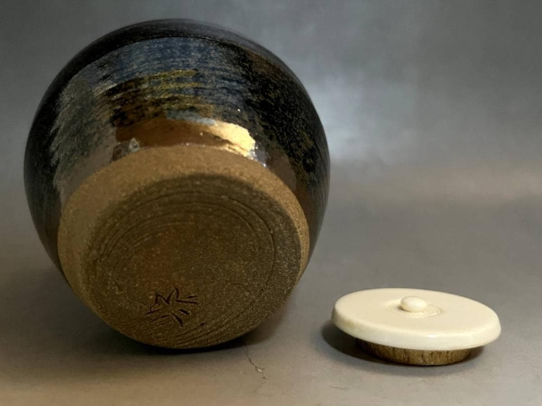 茶入れ■源左衛門 唐津 船越間道 仕覆 涙艮文琳茶入 お茶道具 時代物 骨董品■