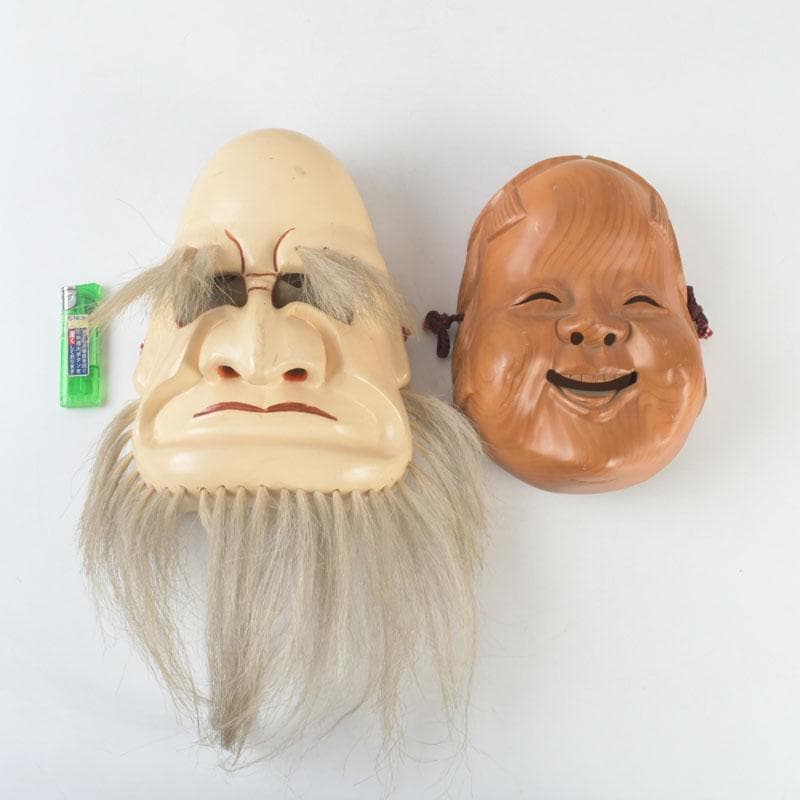能面　能楽　雅楽　木彫　お多福面　翁面　2点まとめて　C　9291