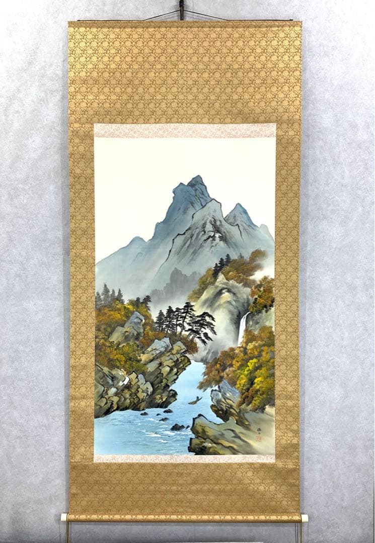 掛軸 岩田俊ニ 秋景山水 共箱 紅葉 色付き