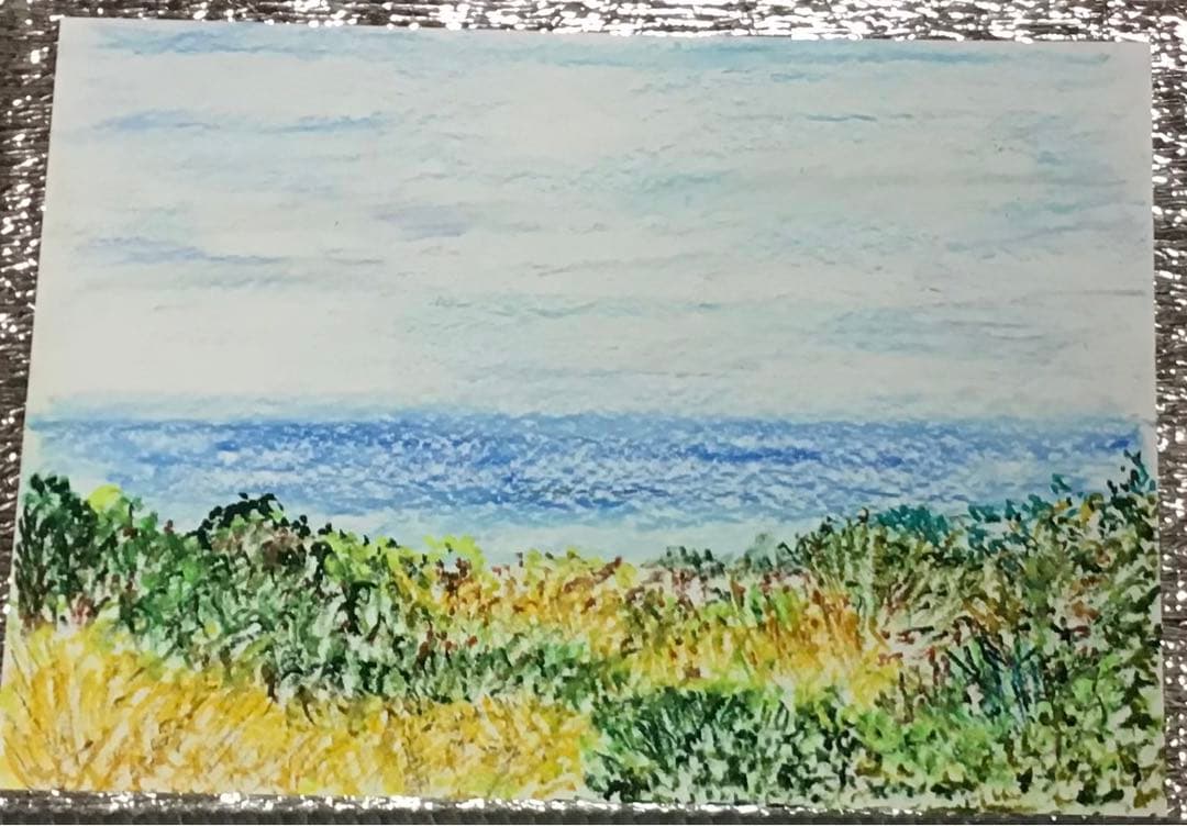 パステル画 海と木々を描いてみました。B5サイズです。