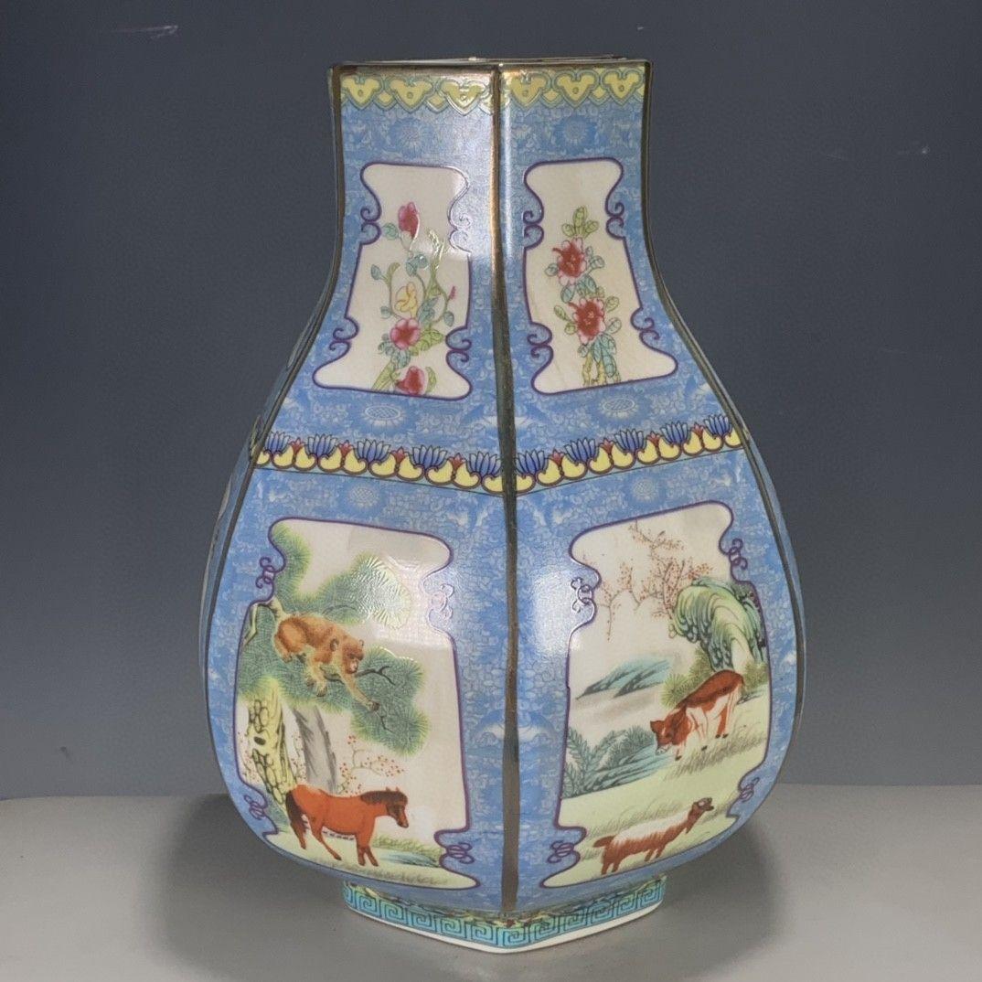 清代パステル蒔絵十二支六角尊瓶 景徳鎮 陶磁器 装飾品 現代工芸品美術品 置物
